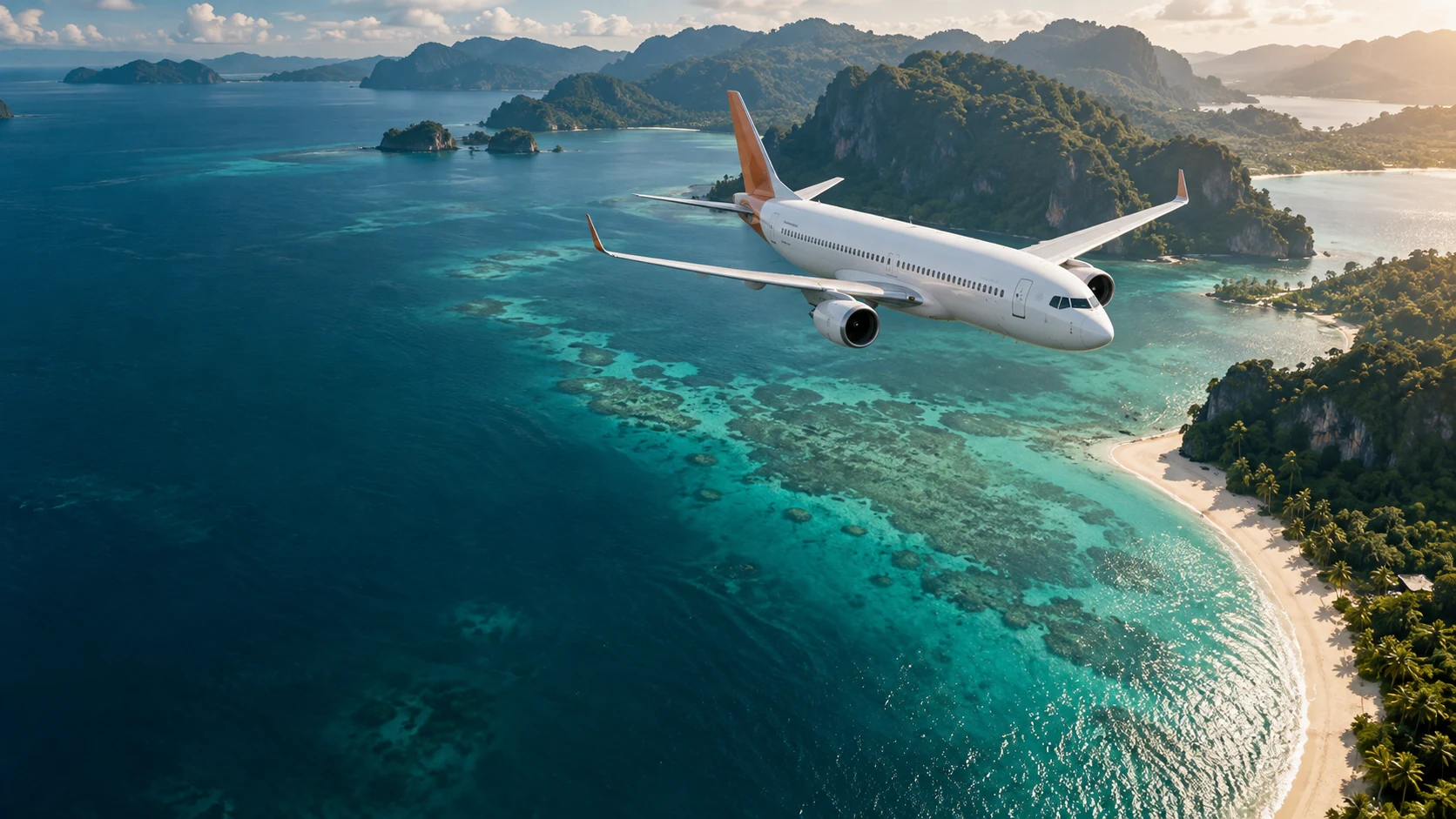 Un avión de pasajeros sobre una bahía tropical de agua turquesa