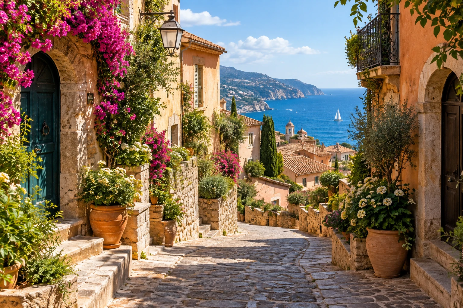 Un camino entre flores y casas mediterráneas con vista al mar