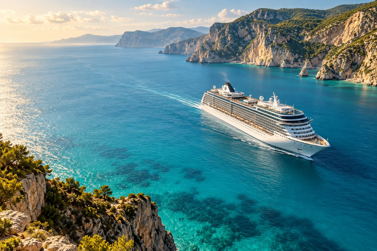 Crucero blanco en aguas turquesas junto a una costa de acantilados