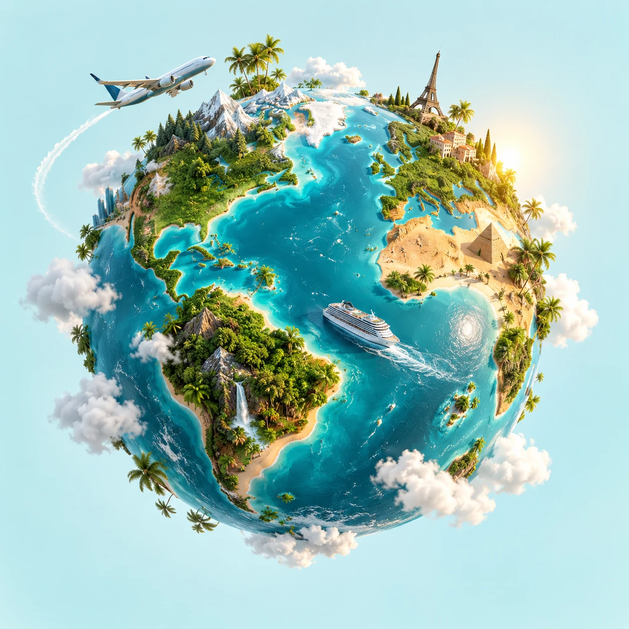Ilustración de un mundo de viajes con palmeras, montañas, avión y crucero