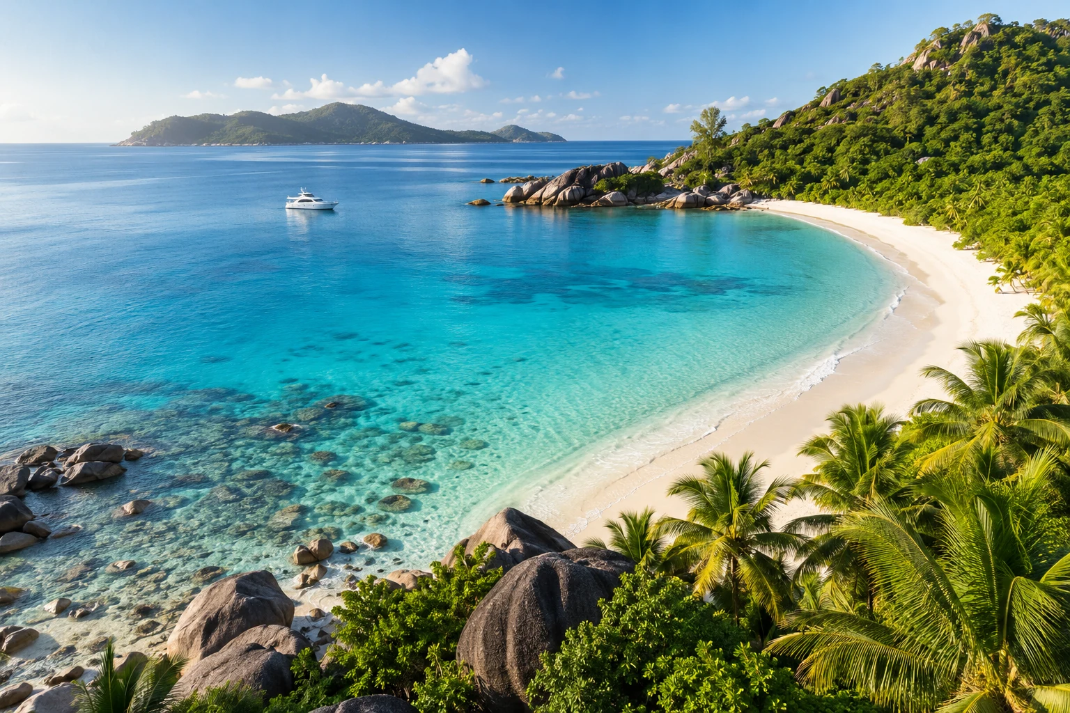Playa tropical con agua turquesa, arena blanca y palmeras